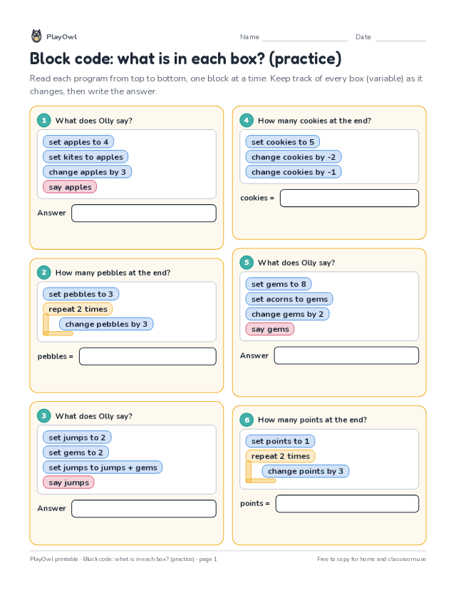 Block code: what is in each box? (practice): coding worksheet for Grade 2, page 1 preview