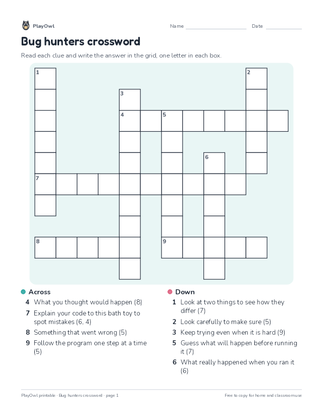 Bug hunters crossword: crossword puzzle for Grade 2, page 1 preview