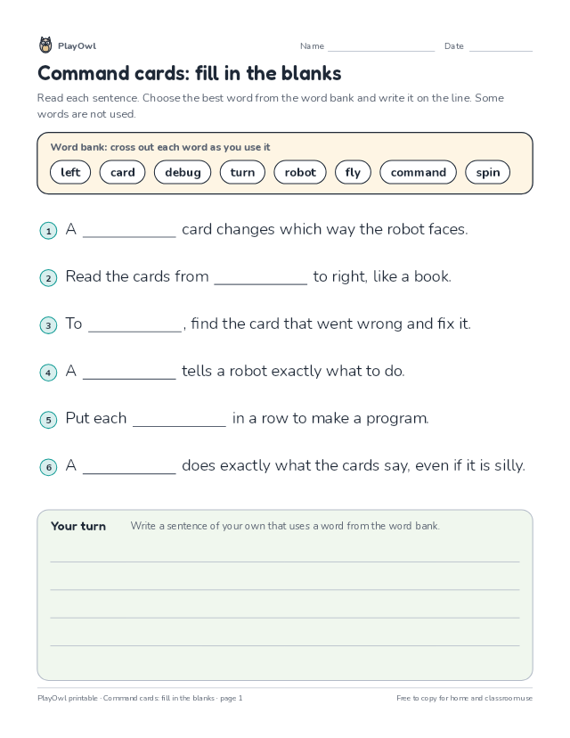 Command cards: fill in the blanks: fill-in-the-blank worksheet for Grade 2, page 1 preview