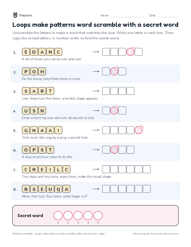 Loops make patterns word scramble with a secret word: word scramble for Grade 2, page 1 preview