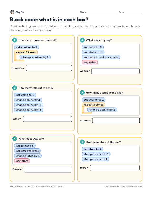 Block code: what is in each box?: coding worksheet for Grade 2, page 1 preview