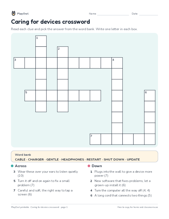 Caring for devices crossword: crossword puzzle for Grade 2, page 1 preview