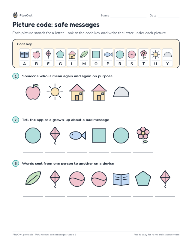 Picture code: safe messages: secret code puzzle for Grade 2, page 1 preview