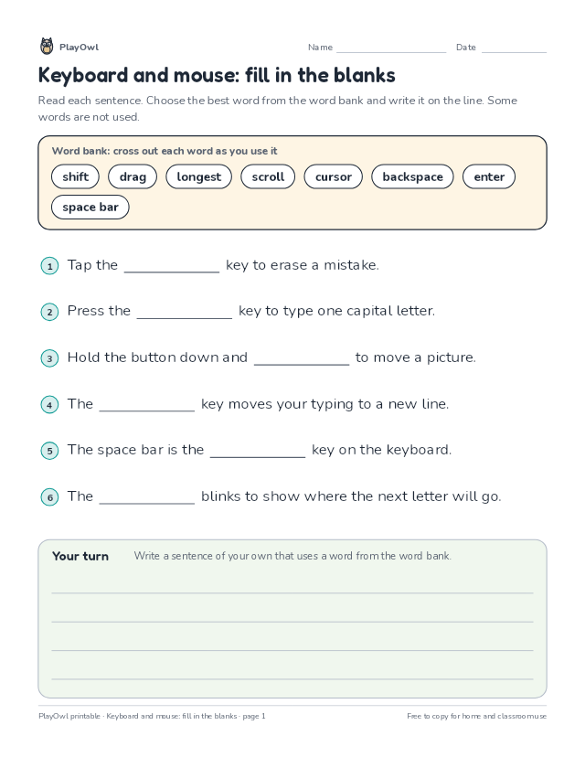 Keyboard and mouse: fill in the blanks: fill-in-the-blank worksheet for Grade 2, page 1 preview