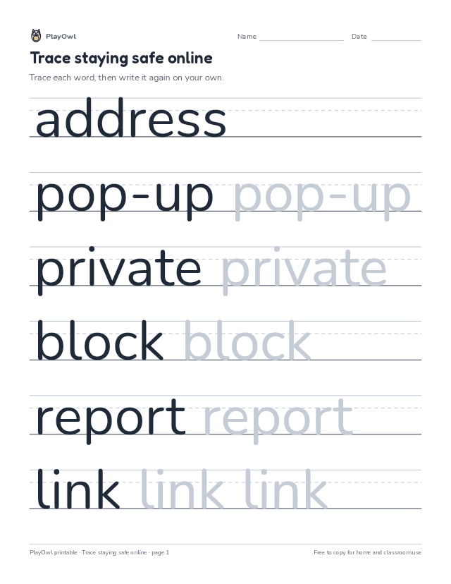 Trace staying safe online: tracing worksheet for Grade 2, page 1 preview