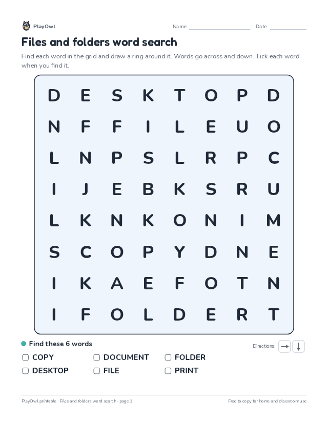 Files and folders word search: word search for Grade 2, page 1 preview