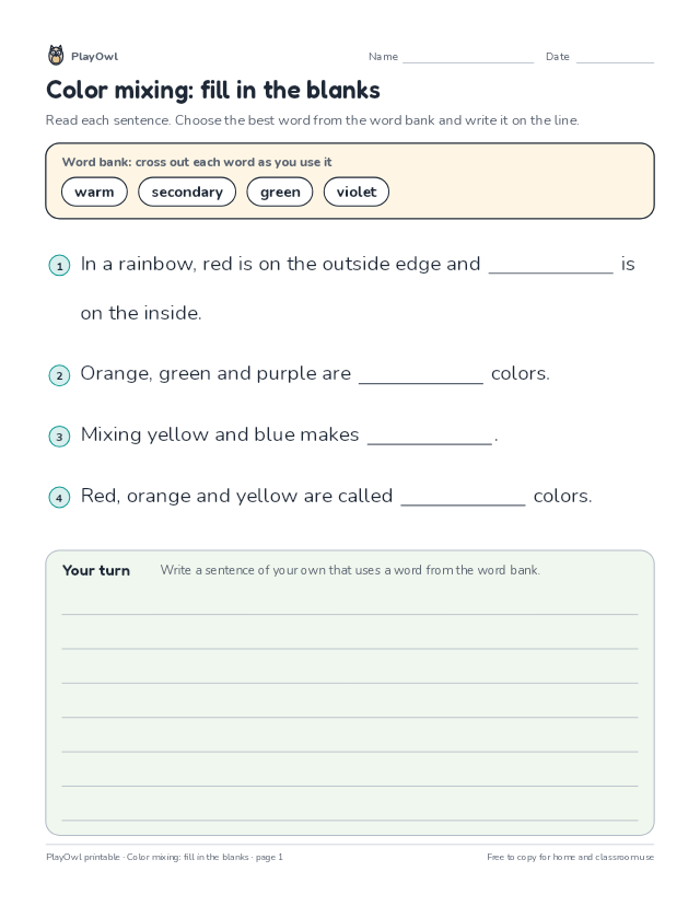 Color mixing: fill in the blanks: fill-in-the-blank worksheet for Grade 2, page 1 preview