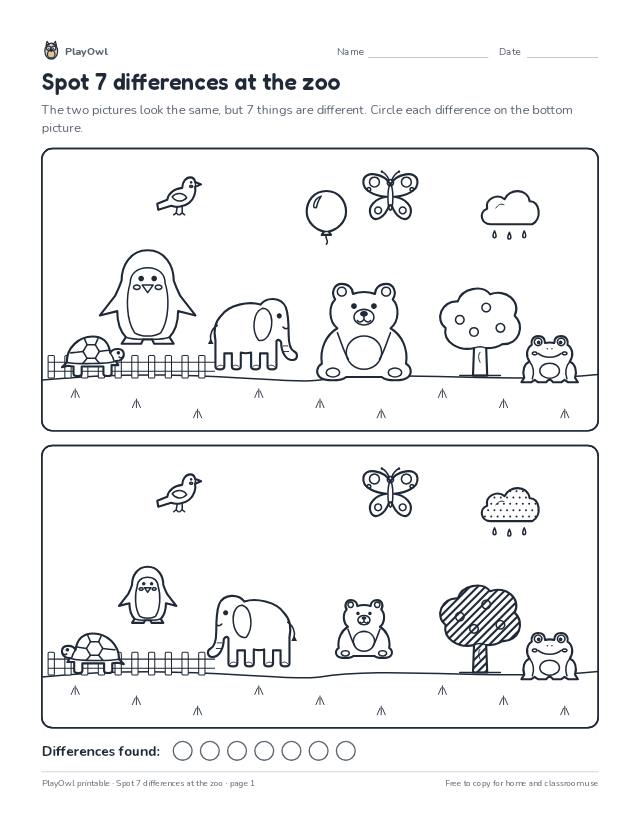 Spot 7 differences at the zoo: spot the difference puzzle for Grade 2, page 1 preview
