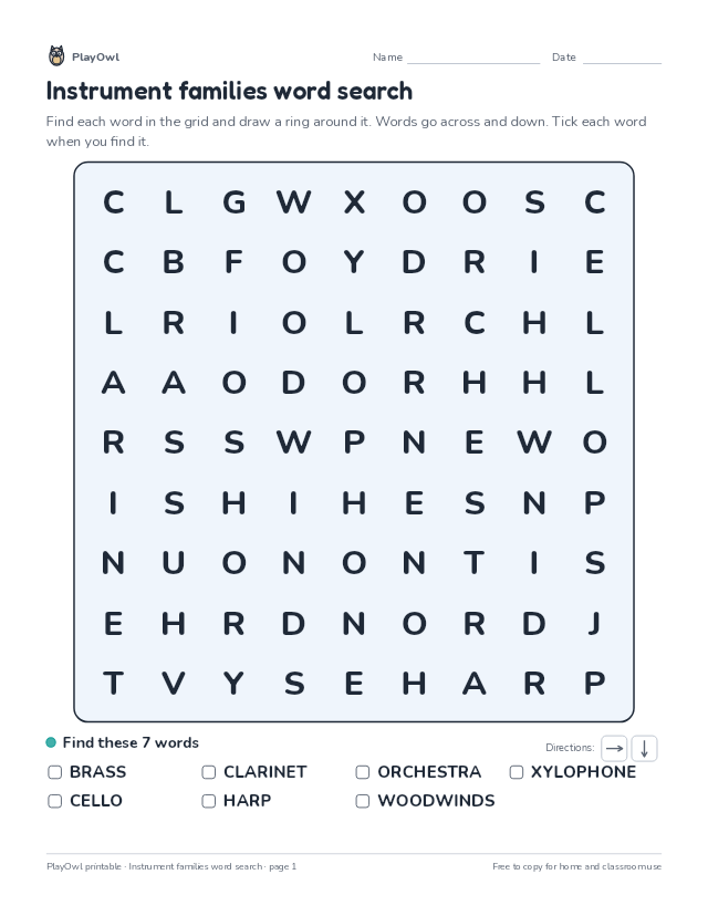Instrument families word search: word search for Grade 2, page 1 preview