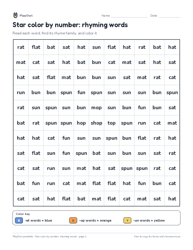 Star color by number: rhyming words: color-by-number page for Grade 2, page 1 preview