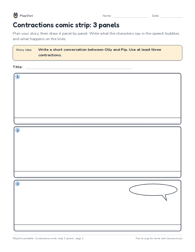 Contractions comic strip: 3 panels: comic strip worksheet for Grade 2, page 1 preview