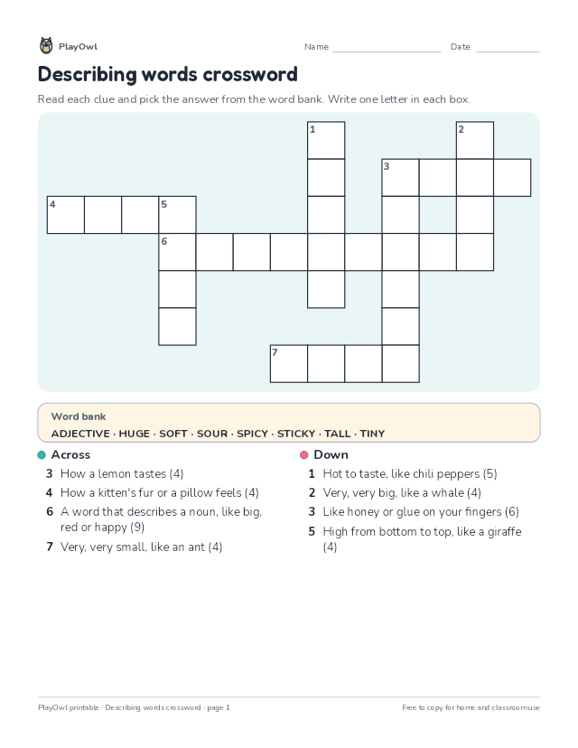Describing words crossword: crossword puzzle for Grade 2, page 1 preview