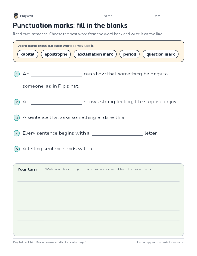 Punctuation marks: fill in the blanks: fill-in-the-blank worksheet for Grade 2, page 1 preview