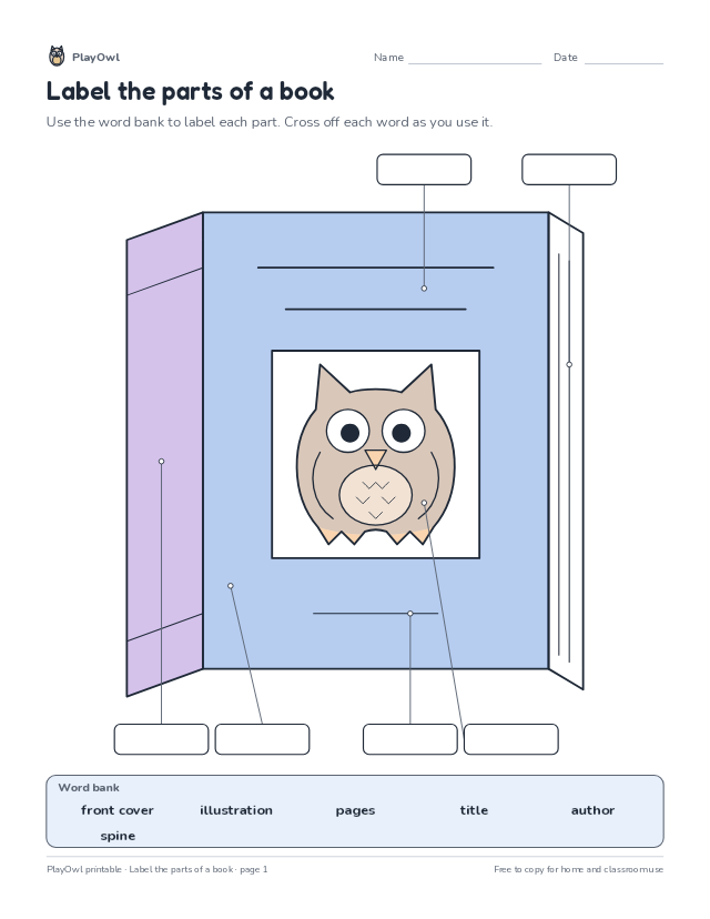 Label the parts of a book: diagram diagram worksheet for Grade 2, page 1 preview