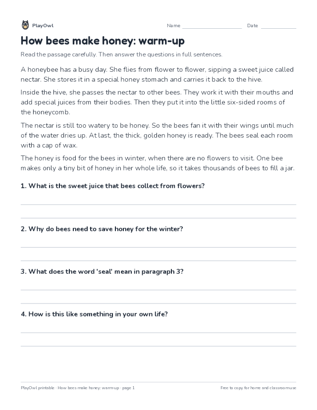 How bees make honey: warm-up: reading passage for Grade 2, page 1 preview