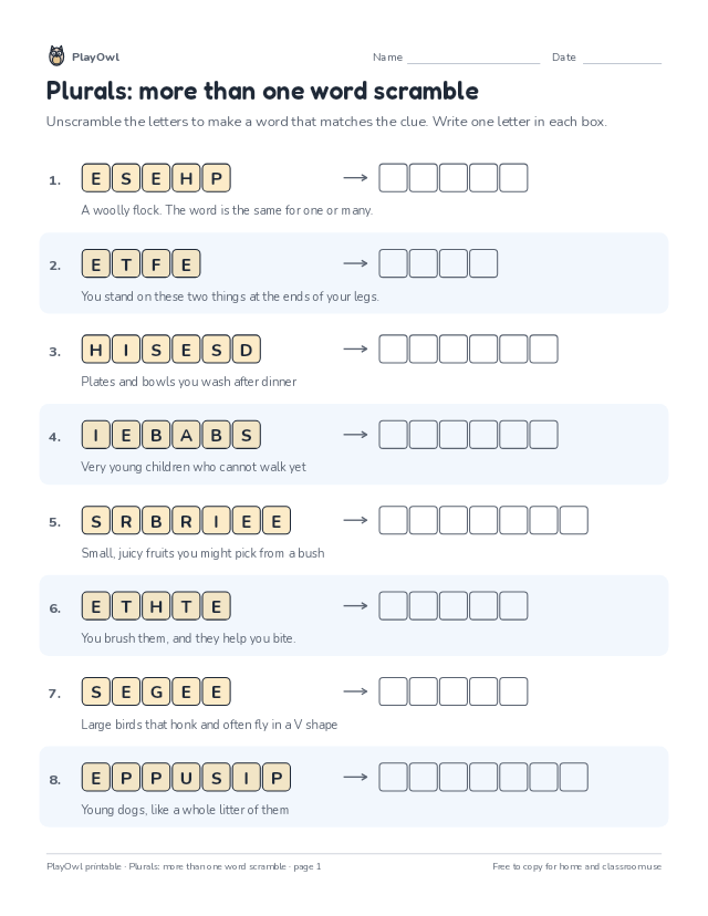 Plurals: more than one word scramble: word scramble for Grade 2, page 1 preview