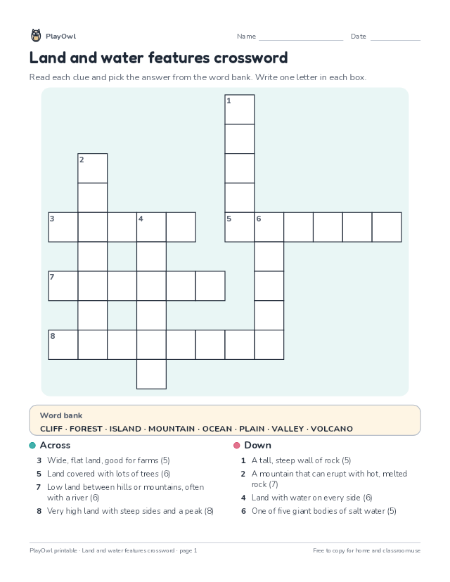 Land and water features crossword: crossword puzzle for Grade 2, page 1 preview