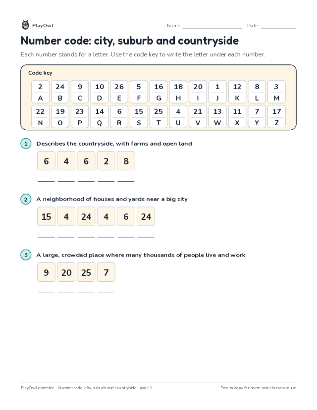 Number code: city, suburb and countryside: secret code puzzle for Grade 2, page 1 preview