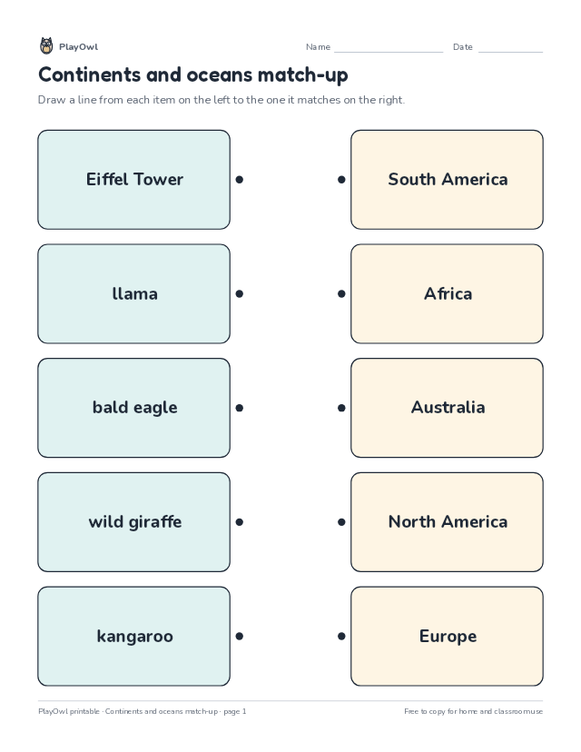 Continents and oceans match-up: matching worksheet for Grade 2, page 1 preview
