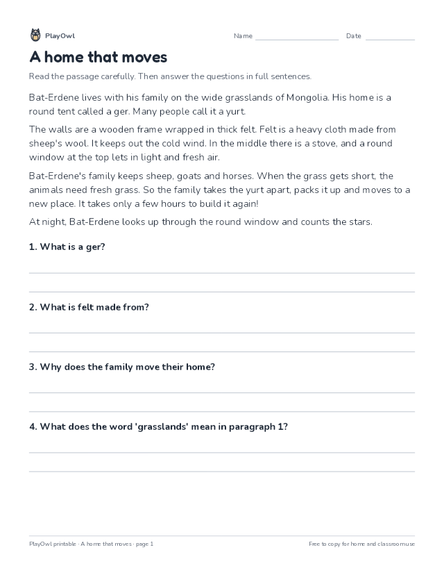 A home that moves: reading passage for Grade 2, page 1 preview
