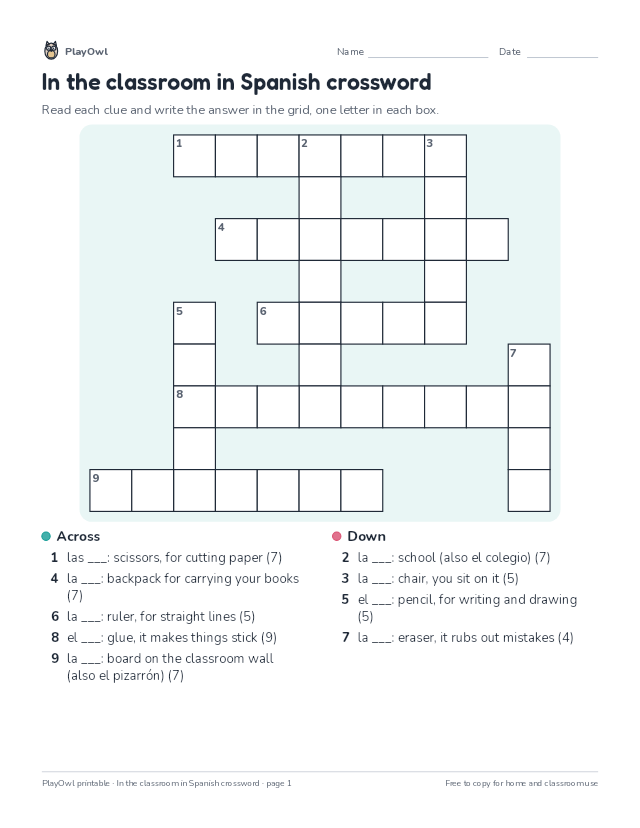 In the classroom in Spanish crossword: crossword puzzle for Grade 2, page 1 preview