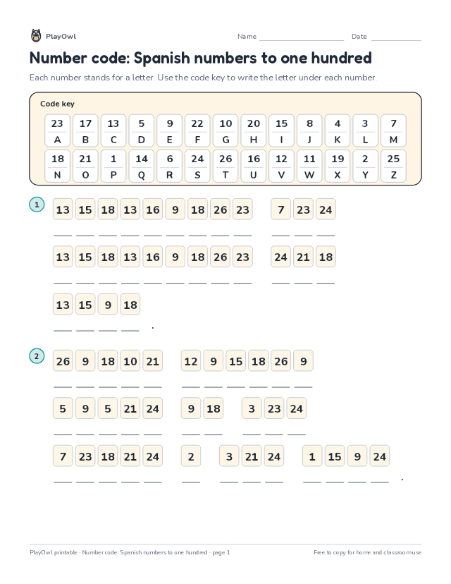 Number code: Spanish numbers to one hundred: secret code puzzle for Grade 2, page 1 preview