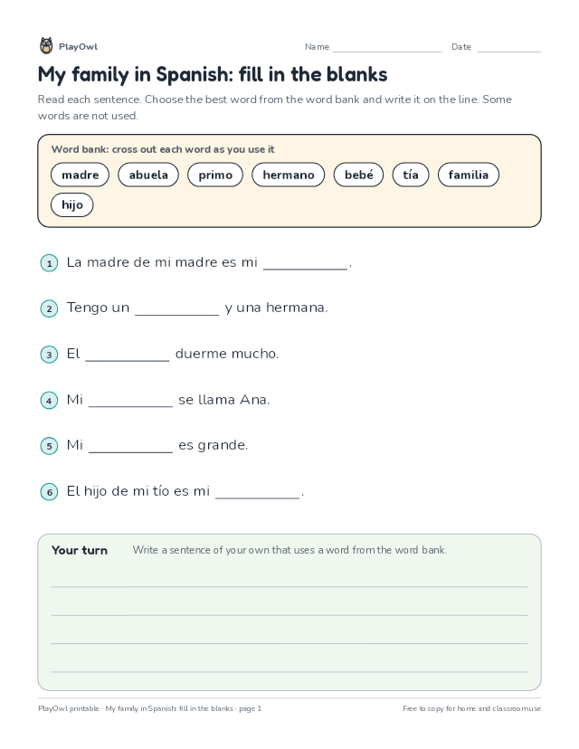My family in Spanish: fill in the blanks: fill-in-the-blank worksheet for Grade 2, page 1 preview