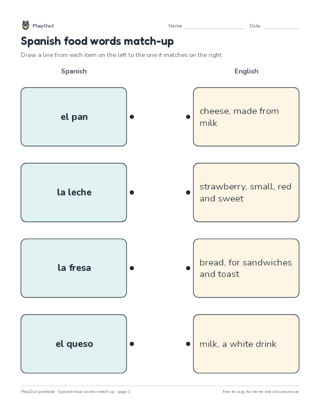 Spanish food words match-up: matching worksheet for Grade 2, page 1 preview