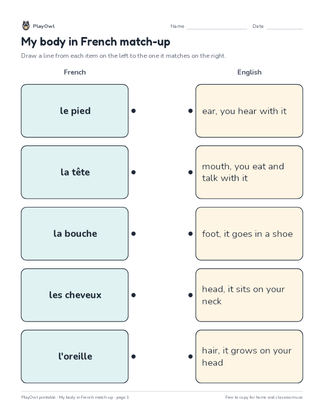 My body in French match-up: matching worksheet for Grade 2, page 1 preview