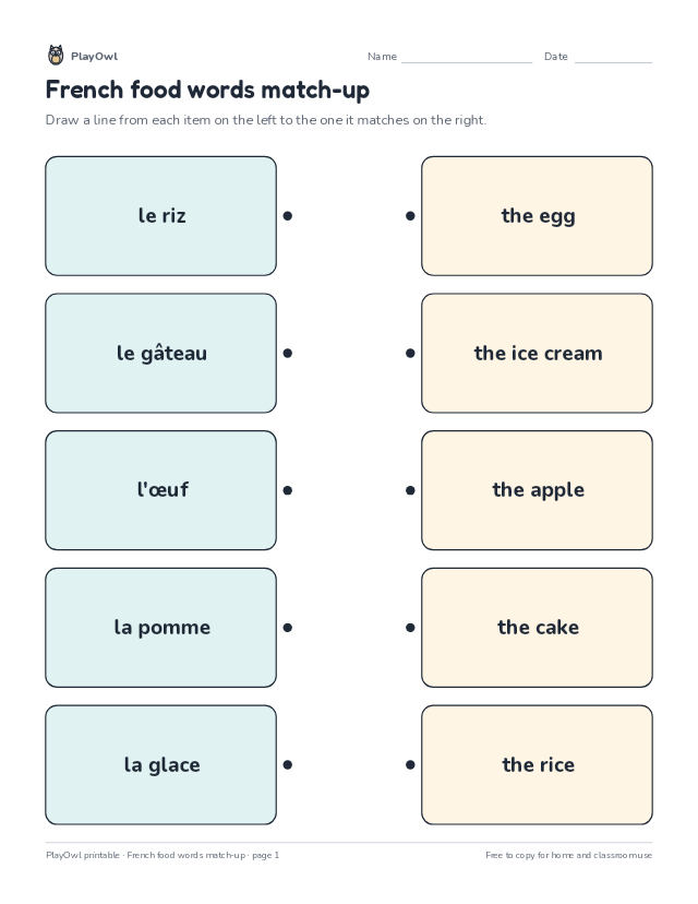 French food words match-up: matching worksheet for Grade 2, page 1 preview