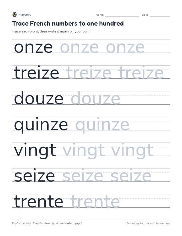 Trace French numbers to one hundred: tracing worksheet for Grade 2, page 1 preview