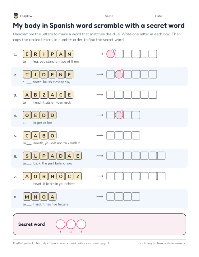 My body in Spanish word scramble with a secret word: word scramble for Grade 2, page 1 preview
