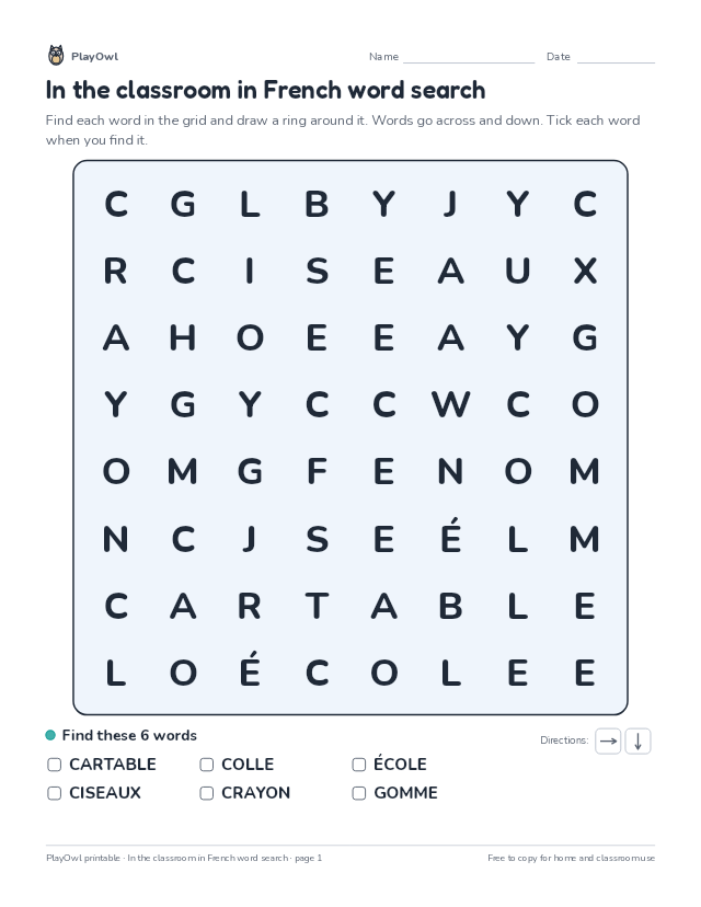 In the classroom in French word search: word search for Grade 2, page 1 preview
