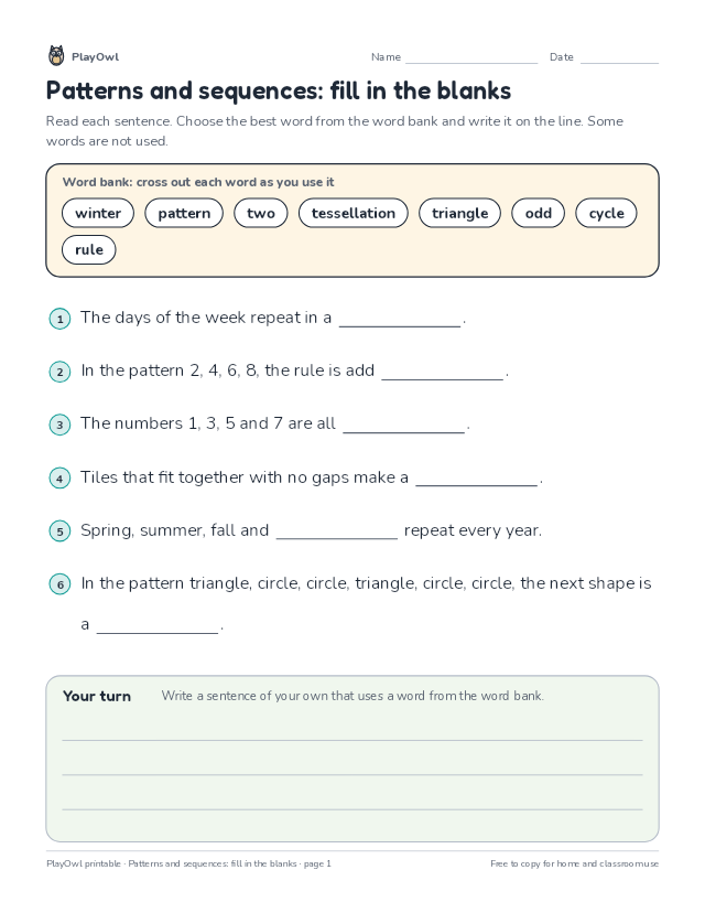 Patterns and sequences: fill in the blanks: fill-in-the-blank worksheet for Grade 2, page 1 preview
