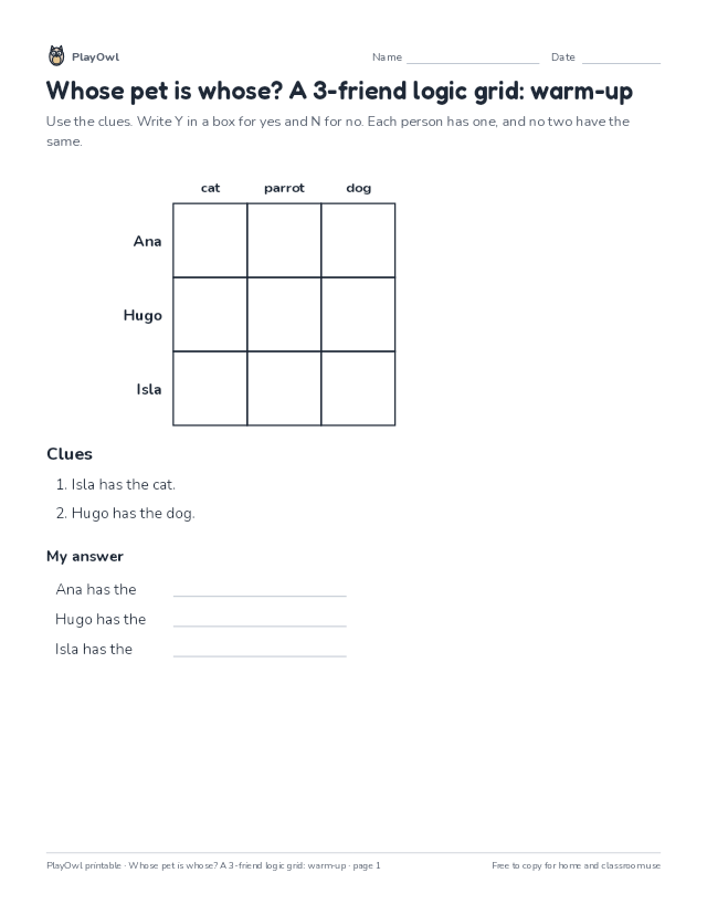 Whose pet is whose? A 3-friend logic grid: warm-up: logic puzzle for Grades 2–8, page 1 preview