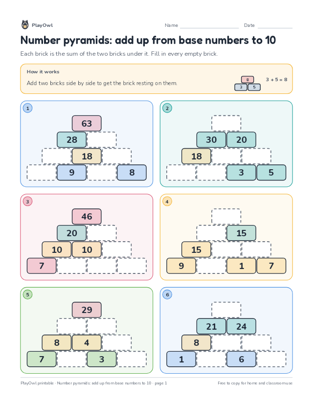 Number pyramids: add up from base numbers to 10: math puzzle for Grade 2, page 1 preview