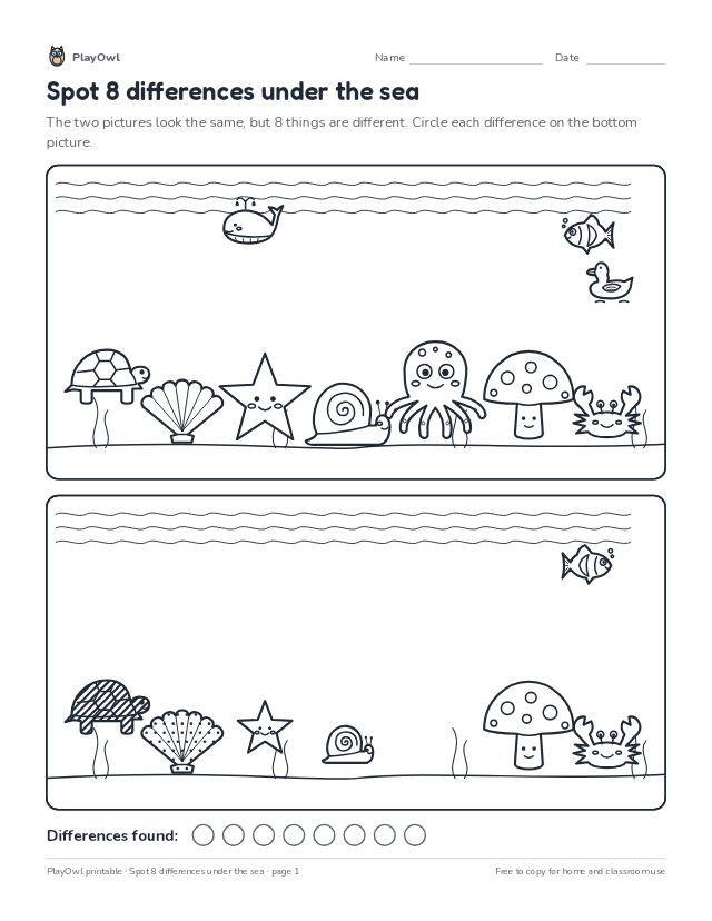Spot 8 differences under the sea: spot the difference puzzle for Grade 2, page 1 preview