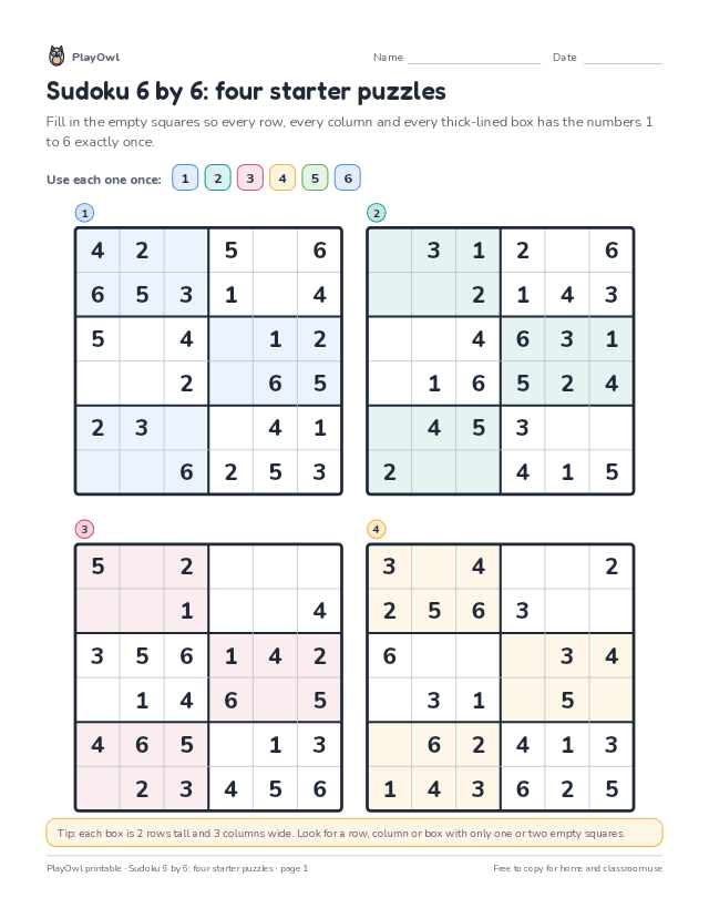 Sudoku 6 by 6: four starter puzzles: sudoku puzzle for Grades 2–3, page 1 preview