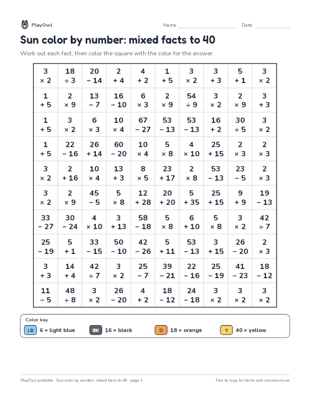 Sun color by number: mixed facts to 40: color-by-number page for Grade 2, page 1 preview