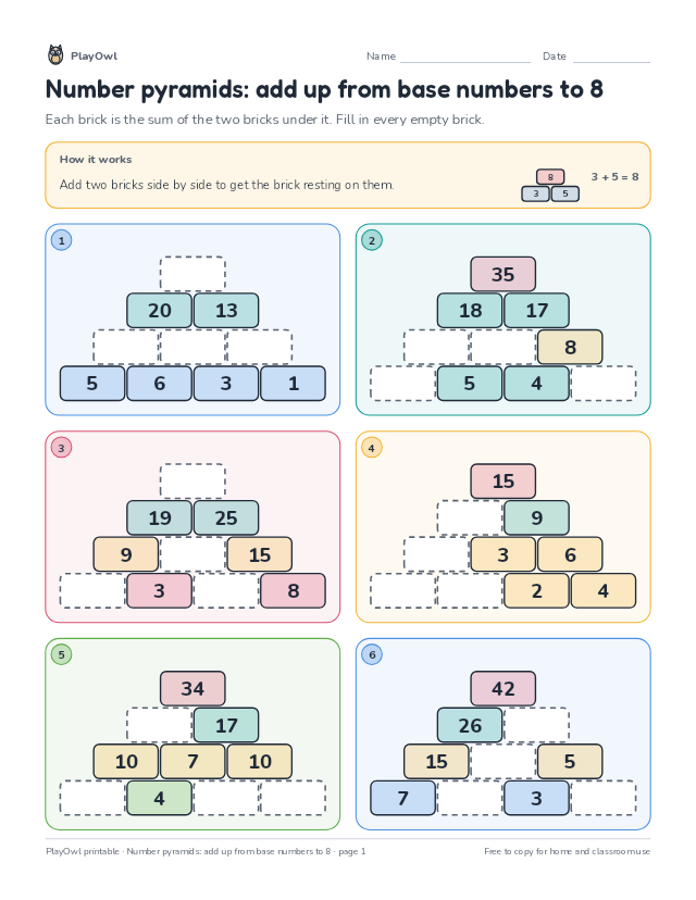 Number pyramids: add up from base numbers to 8: math puzzle for Grade 2, page 1 preview