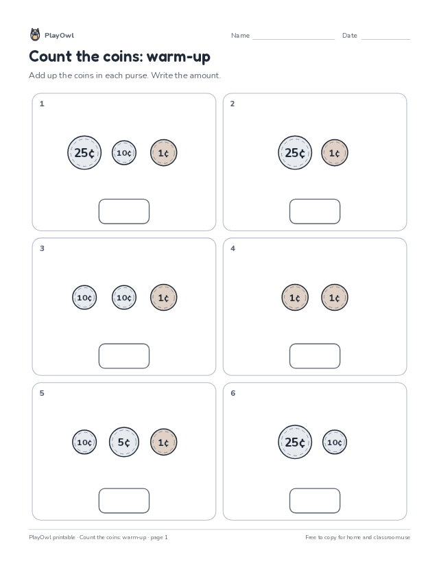 Count the coins: warm-up: math worksheet for Grade 2, page 1 preview