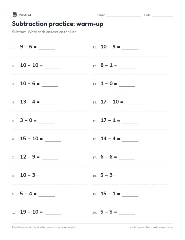 Subtraction practice: warm-up: math worksheet for Grade 2, page 1 preview