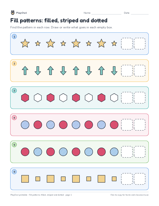 Fill patterns: filled, striped and dotted: math pattern worksheet for Grade 2, page 1 preview