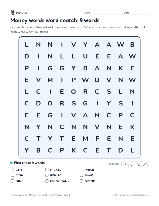 Money words word search: 9 words: word search for Grade 2, page 1 preview
