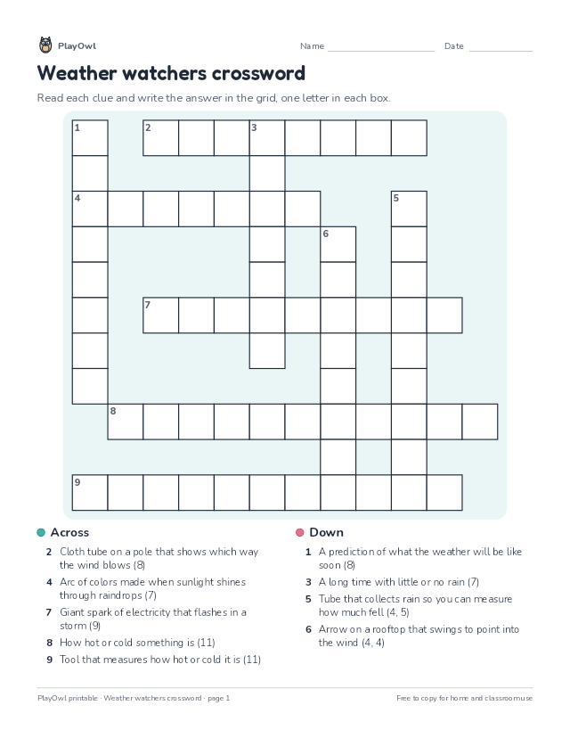 Weather watchers crossword: crossword puzzle for Grade 2, page 1 preview