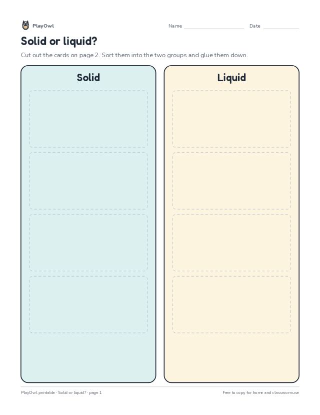 Solid or liquid?: cut-and-sort worksheet for Grades 2–3, page 1 preview