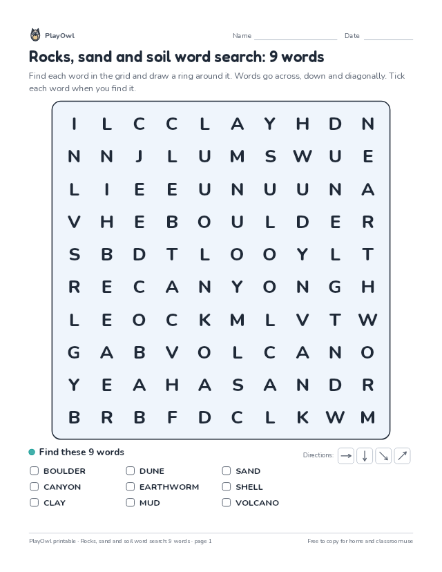 Rocks, sand and soil word search: 9 words: word search for Grade 2, page 1 preview