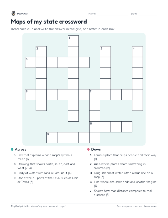 Maps of my state crossword: crossword puzzle for Grade 2, page 1 preview