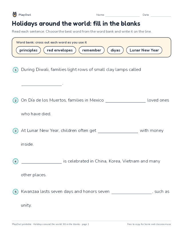 Holidays around the world: fill in the blanks: fill-in-the-blank worksheet for Grade 2, page 1 preview