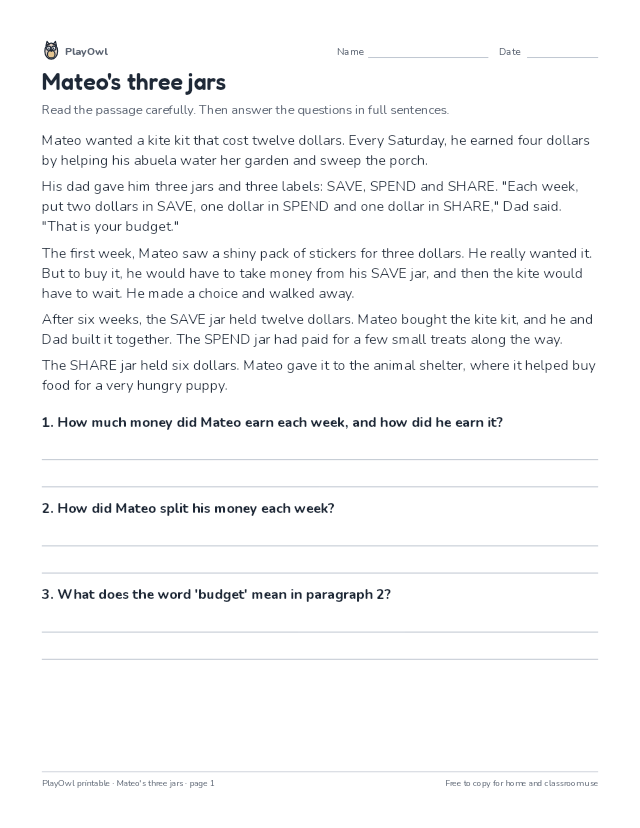Mateo's three jars: reading passage for Grade 2, page 1 preview